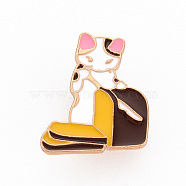 Rack Plating Alloy Enamel Brooches, Enamel Pins, with Brass Butterfly Clutches, Cat Cutting Bread, Cadmium Free & Nickel Free & Lead Free, Light Gold, Colorful, 28x23mm, Pin: 1mm(JEWB-S011-162-NR)