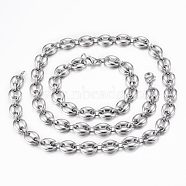 201 Stainless Steel Jewelry Sets, Coffee Bean Chain Necklaces and Bracelets, with Lobster Claw Clasps, Oval, Stainless Steel Color, 23.6 inch(60cm)(SJEW-F157-19P)