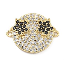 Rack Plating Brass Micro Pave Clear Cubic Zirconia Flat Round Connector Charms, Funny Star Face Links, Real 18K Gold Plated, Long-Lasting Plated, Black, 18x22x3mm, Hole: 1.2mm(KK-A234-040G-02)