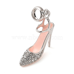 Rhodium Plated 925 Sterling Silver Micro Pave Clear Cubic Zirconia European Dangle Pendants, High-Heeled Shoes Large Hole Pendants, Enamel Style, Platinum, Misty Rose, 31.5mm, Hole: 4.5mm(STER-P062-02B-03P)