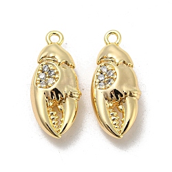 Brass Micro Pave Clear Cubic Zirconia Pendants, Crab Claw Charms, Real 18K Gold Plated, 19x8x5mm, Hole: 1.4mm(KK-H460-32G)