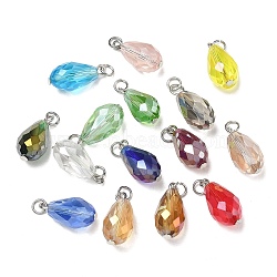 15Pcs Electroplate Glass Pendants, with Stainless Steel Jump Rings, Faceted, Teardrop, Stainless Steel Color, 19.5~21.5x9.8mm, Hole: 4.6mm(PALLOY-JF03011)