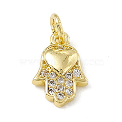 Brass Micro Pave Cubic Zirconia Charm, with Jump Rings, Hamsa Hand with Heart Charm, Real 18K Gold Plated, 12x8x2.5mm, Hole: 2.7mm(ZIRC-F132-87G)