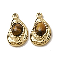 Natural Tiger Eye Pendants, 303 Stainless Steel Teardrop Bezeled Charms, Ion Plating(IP), Golden, 22.5x13x4.5mm, Hole: 1.6mm(GG-CBA1E47-11G)