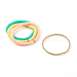 Stretch Beaded Bracelets Sets, with Handmade Polymer Clay Heishi Beads and Brass Round Beads, Golden, Mixed Color, Inner Diameter: 2-1/8 inch(5.3cm), 2-1/8 inch(5.4cm), 4pcs/set(BJEW-JB06177-03)