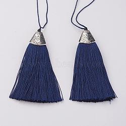 Nylon Tassels Big Pendant Decorations, with CCB Plastic, Antique Silver, Prussian Blue, 85x20x10.5mm(HJEW-G010-A04)