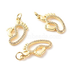 Brass Micro Pave Clear Cubic Zirconia Pendants, Cadmium Free & Lead Free, Footprints, Real 18K Gold Plated, 25x13.5x1.8mm, Hole: 3.5mm(ZIRC-P094-15G-RS)