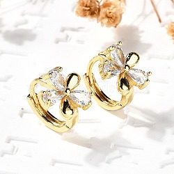 Flower Brass Hoop Earrings, with Clear Cubic Zirconia, Real 18K Gold Plated, 12.5x11x14.5mm(EJEW-S256-01D-G)