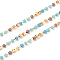 Glass Column Beaded Chains, with Rack Plating Golden Brass Cable Chain, Soldered, with with Card Paper, Colorful, Beads: 1.7x1.3mm, Ring: 2x1.6x0.7mm(CHC-F017-02)