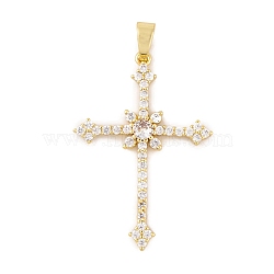 Rack Plating Brass Micro Pave Clear Cubic Zirconia Pendants, Long-Lasting Plated, Lead Free & Cadmium Free, Cross, Golden, 39.5x27x3.5mm, Hole: 5x3.8mm(KK-K367-01G)