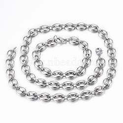 201 Stainless Steel Jewelry Sets, Coffee Bean Chain Necklaces and Bracelets, with Lobster Claw Clasps, Oval, Stainless Steel Color, 23.6 inch(60cm)(SJEW-F157-19P)