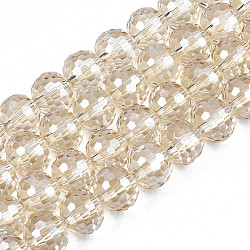 Electroplate Transparent Glass Beads Strands, Faceted, Round, Blanched Almond, 10x9mm, Hole: 1.5mm, about 72pcs/strand, 25.98 inch(66cm)(EGLA-N002-31-F03)