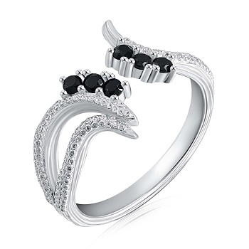 Rhodium Plated 925 Sterling Silver Phoenix Open Cuff Ring Cubic Zirconia for Women, Black, US Size 6 1/2(16.9mm)