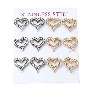 PVD Vacuum Plating 304 Stainless Steel Stud Earring, with Rhinestone, Heart, Golden & Stainless Steel Color, 13x14mm, 12pcs/set