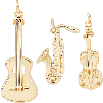 6Pcs 3 Style Brass Pendants, with Jump Rings, Cadmium Free & Lead Free, Long-Lasting Plated, Musical Instruments, Real 18K Gold Plated, 27~35.5x11~18.5x3.5~8mm, Hole: 3mm, 2pcs/style