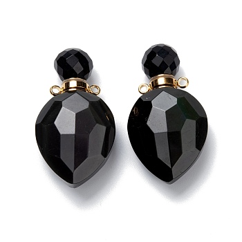 Natural Obsidian Perfume Bottle Pendants, with Golden Brass Findings, Faceted, Oval, 36.5mm, Hole: 1.6mm, Bottle Capacity: 0.3ml(0.01 fl. oz)