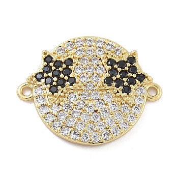 Rack Plating Brass Micro Pave Clear Cubic Zirconia Flat Round Connector Charms, Funny Star Face Links, Real 18K Gold Plated, Long-Lasting Plated, Black, 18x22x3mm, Hole: 1.2mm