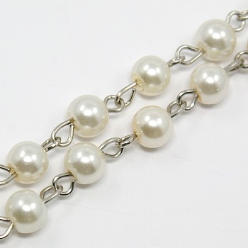 Handmade Glass Pearl Beaded Chains for Necklaces/Bracelets Making, with Iron Eye Pin, Unwelded, Creamy White, 39.3 inch, about 77pcs/strand