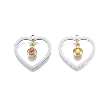201 Stainless Steel Pendants, with Rhinestone, Heart with Flat Round, Real Gold Plated & Stainless Steel Color, Light Rose, 23x24x1mm, Hole: 1.6mm