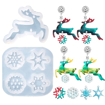 2Pcs 2 Style Christmas Deer and Snowflake Silicone Pendant Molds, Resin Casting Molds, for UV Resin, Epoxy Resin Craft Making, White, 25~41.5x30~42.5x5mm, Hole: 1.5mm