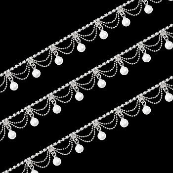 Glass Rhinestone Cup Chains, Strass Chains, Iron Chains Tassel Chains with Plastic Imitation Pearl Charm, Soldered, Silver, 20mm