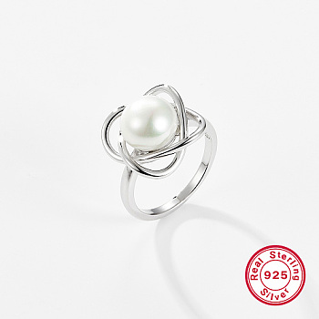 Rhodium Plated  925 Sterling Silver Finger Rings, with Pearl, Platinum, US Size 5(15.7mm)
