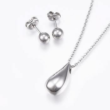 304 Stainless Steel Jewelry Sets, Pendant Necklaces and Ball Stud Earrings, teardrop, Stainless Steel Color, 18.11 inch(46cm), 16mm, Pin: 1mm