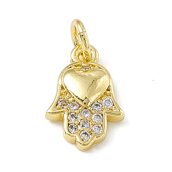 Brass Micro Pave Cubic Zirconia Charm, with Jump Rings, Hamsa Hand with Heart Charm, Real 18K Gold Plated, 12x8x2.5mm, Hole: 2.7mm