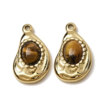 Natural Tiger Eye Pendants, 303 Stainless Steel Teardrop Bezeled Charms, Ion Plating(IP), Golden, 22.5x13x4.5mm, Hole: 1.6mm