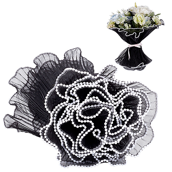 Polyester Flower Bouquet Wrapping Mesh Paper, with ABS Plastic Imitation Pearl Edge, for Valentine's Day, Wedding, Birthday Decoration, Black, 27.8cm, 4.5yard/bag