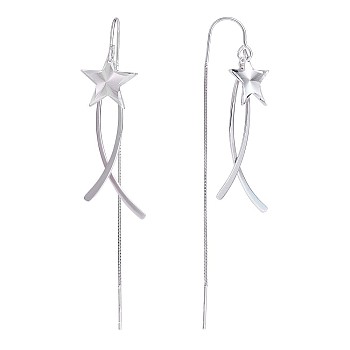 Rhodium Plated 925 Sterling Silver Star with Chain Tassel Dangle Earrings, Long Drop Ear Thread for Women, Platinum, 75x14.5mm, Pin: 0.8mm