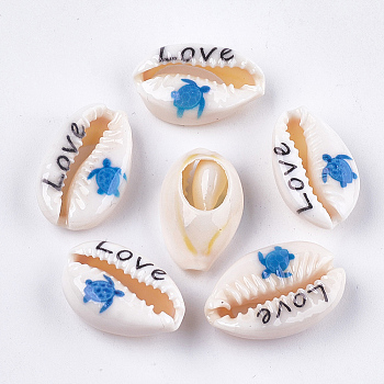 Printed Natural Cowrie Shell Beads, No Hole/Undrilled, Sea Turtle & Love, Dodger Blue, 18~23x11~14x6.5~8mm