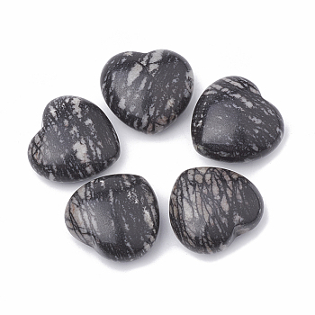 Natural Black Silk Stone/Netstone Heart Love Stones, Pocket Palm Stones for Reiki Balancing, 29~29.5x30~31x12~15mm