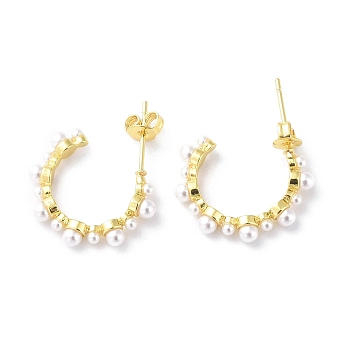 ABS Plastic Pearl Beaded C-shape Stud Earrings, Brass Half Hoop Earrings for Women, Real 18K Gold Plated, 21x25.5x3.5mm, Pin: 0.6mm