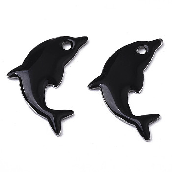 201 Stainless Steel Enamel Pendants, Dolphin, Stainless Steel Color, Black, 17x11.5x1.5mm, Hole: 1.2mm