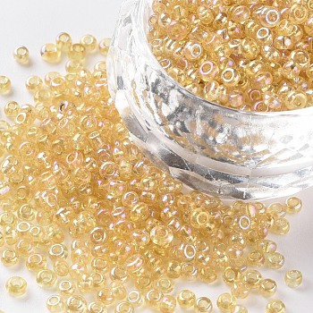 12/0 Round Glass Seed Beads, Transparent Colours Rainbow, Round Hole, Pale Goldenrod, 12/0, 2mm, Hole: 1mm, about 3333pcs/50g, 50g/bag, 18bags/2pounds