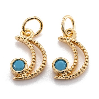 Real 18K Gold Plated Brass Micro Pave Cubic Zirconia Charms, with Jump Ring, Long-Lasting Plated, Moon, Deep Sky Blue, 12x7.5x2.5mm, Jump Ring: 5x0.7mm, 3.6mm inner diameter