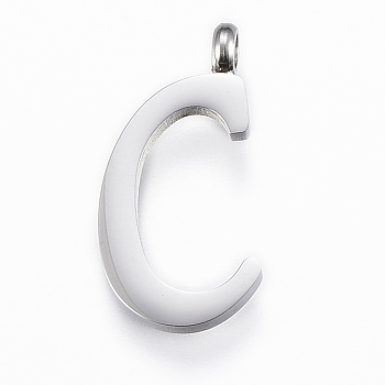304 Stainless Steel Pendants, Initial Letter, Letter.C, Stainless Steel Color, 19x10x2mm, Hole: 2mm
