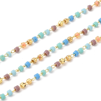Glass Column Beaded Chains, with Rack Plating Golden Brass Cable Chain, Soldered, with with Card Paper, Colorful, Beads: 1.7x1.3mm, Ring: 2x1.6x0.7mm