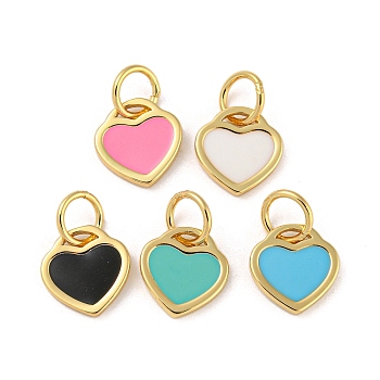 Rack Plating Brass Charms, with Jump Ring and Enamel, Cadmium Free & Lead Free, Long-Lasting Plated, Heart Charm, Real 18K Gold Plated, Mixed Color, 10x9.5x1mm, Hole: 4.4mm