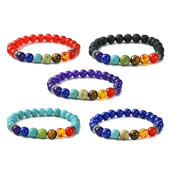 Dyed Natural & Synthetic Mixed Gemstone Round Beaded Stretch Bracelets, Inner Diameter: 2 inch(5.15cm)