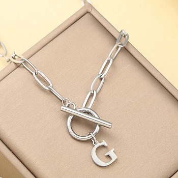 Stainless Steel Paperclip Chain Initial Necklaces with OT Clasps, Stainless Steel Color, Letter G, 18.11 inch(46cm)