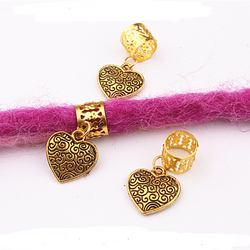 Hair Coil Cuffs, Dread Cuff Coil, with Heart Pendants, Golden, 15x16mm