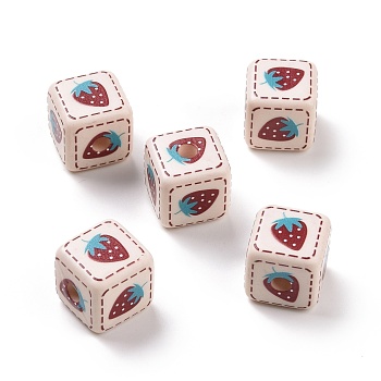 Opaque Printed Acrylic Beads, Cube with Strawberry Pattern, Dark Turquoise, 13.5x13.5x13.5mm, Hole: 3.8mm