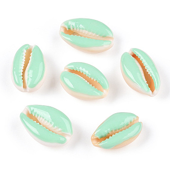 Natural Cowrie Shell Beads, with Enamel, No Hole/Undrilled, Aquamarine, 20~26x13~18x5~7mm