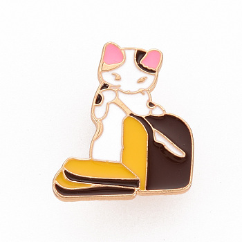 Rack Plating Alloy Enamel Brooches, Enamel Pins, with Brass Butterfly Clutches, Cat Cutting Bread, Cadmium Free & Nickel Free & Lead Free, Light Gold, Colorful, 28x23mm, Pin: 1mm