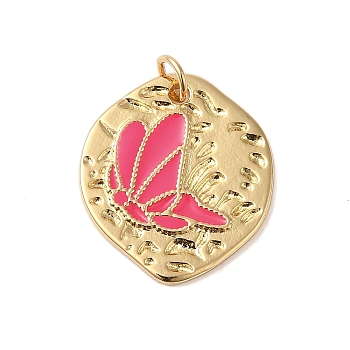 Rack Plating Brass Enamel Pendants, with Jump Ring, Cadmium Free & Lead Free, Real 18K Gold Plated, Irregular with Butterfly Charm, Cerise, 21.5x19x2mm, Hole: 3.4mm