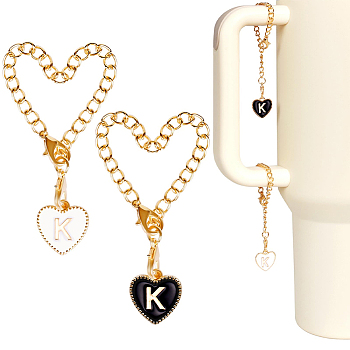 2 Sets Alloy Enamel Cup Pendant Decorations, with Iron Link Chain and Lobster Clasp, Light Gold, Heart, Letter K, 76mm, 2pcs/set