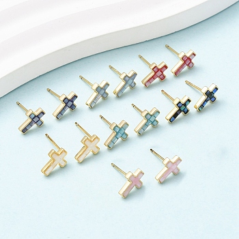 Brass Enamel Cross Stud Earrings, with Shell and Sterling Silver Pins, Long-Lasting Plated, Cadmium Free & Nickel Free & Lead Free, Real 18K Gold Plated, 10x7mm