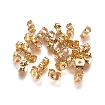 304 Stainless Steel Ear Nuts, Friction Earring Backs for Stud Earrings, Real 18K Gold Plated, 6x4.5x3mm, Hole: 0.8~1mm